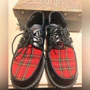 Demonia Creeper 125 Platform Shoes‎ Black Leather Red Plaid Women’s 6